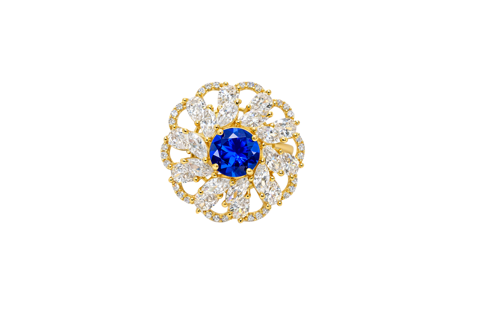 14KT Gold Ring Women's Flower Navy Blue Round Center CZ Stone White Pear/Marquise Petals with Round White CZ Stones Border and Plain Split Band