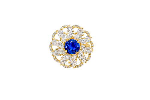 14KT Gold Ring Women's Flower Navy Blue Round Center CZ Stone White Pear/Marquise Petals with Round White CZ Stones Border and Plain Split Band