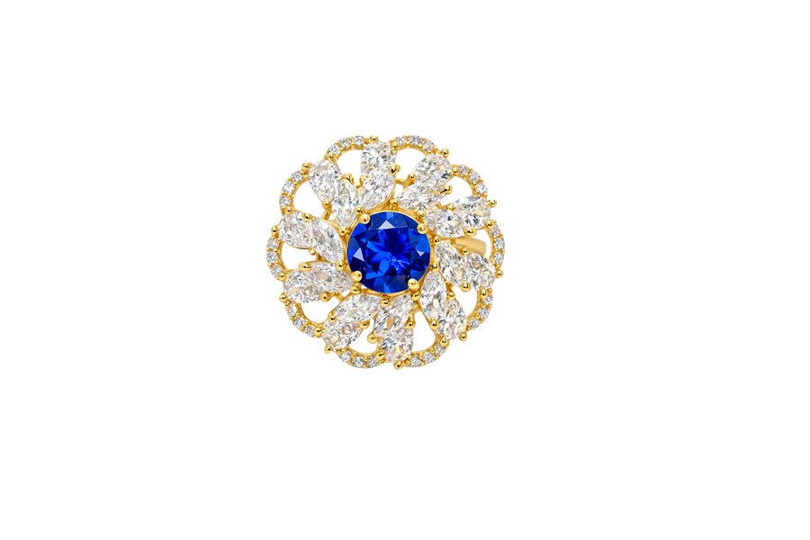 14KT Gold Ring Women's Flower Navy Blue Round Center CZ Stone White Pear/Marquise Petals with Round White CZ Stones Border and Plain Split Band
