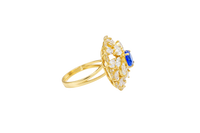 14KT Gold Ring Women's Flower Navy Blue Round Center CZ Stone White Pear/Marquise Petals with Round White CZ Stones Border and Plain Split Band