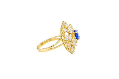 14KT Gold Ring Women's Flower Navy Blue Round Center CZ Stone White Pear/Marquise Petals with Round White CZ Stones Border and Plain Split Band