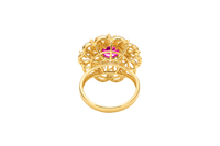 14KT Gold Women's Ring Flower Red Round Center CZ Stone White Pear/Marquise Petals with Round White CZ Stones Border and Plain Split Band