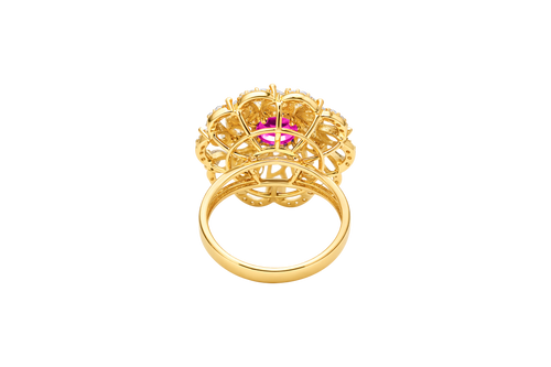 14KT Gold Women's Ring Flower Red Round Center CZ Stone White Pear/Marquise Petals with Round White CZ Stones Border and Plain Split Band