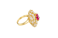 14KT Gold Women's Ring Flower Red Round Center CZ Stone White Pear/Marquise Petals with Round White CZ Stones Border and Plain Split Band