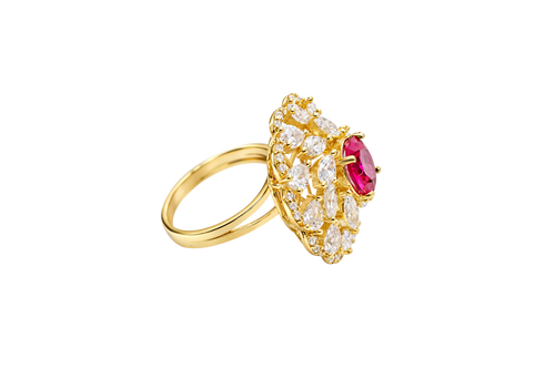 14KT Gold Women's Ring Flower Red Round Center CZ Stone White Pear/Marquise Petals with Round White CZ Stones Border and Plain Split Band