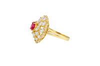 14KT Gold Women's Ring Flower Red Round Center CZ Stone White Pear/Marquise Petals with Round White CZ Stones Border and Plain Split Band