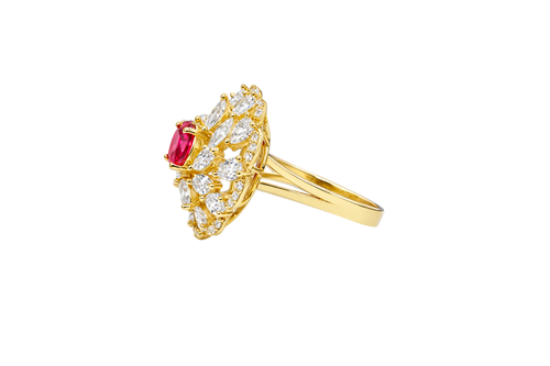 14KT Gold Women's Ring Flower Red Round Center CZ Stone White Pear/Marquise Petals with Round White CZ Stones Border and Plain Split Band