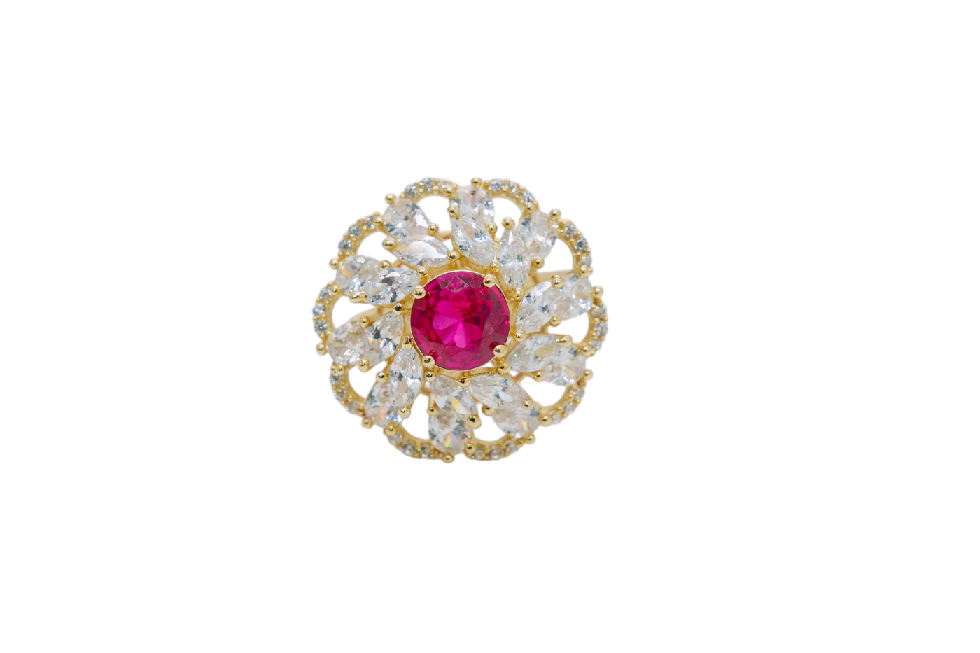 14KT Gold Women's Ring Flower Red Round Center CZ Stone White Pear/Marquise Petals with Round White CZ Stones Border and Plain Split Band