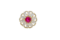 14KT Gold Women's Ring Flower Red Round Center CZ Stone White Pear/Marquise Petals with Round White CZ Stones Border and Plain Split Band