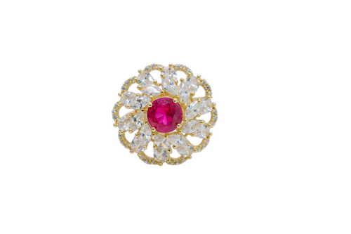14KT Gold Women's Ring Flower Red Round Center CZ Stone White Pear/Marquise Petals with Round White CZ Stones Border and Plain Split Band