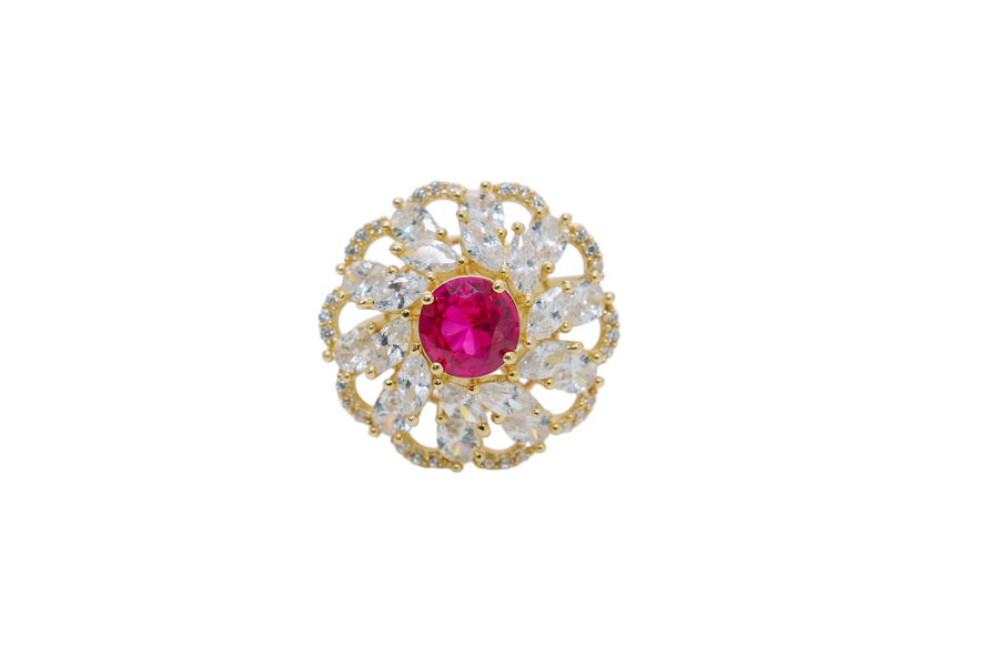 14KT Gold Women's Ring Flower Red Round Center CZ Stone White Pear/Marquise Petals with Round White CZ Stones Border and Plain Split Band