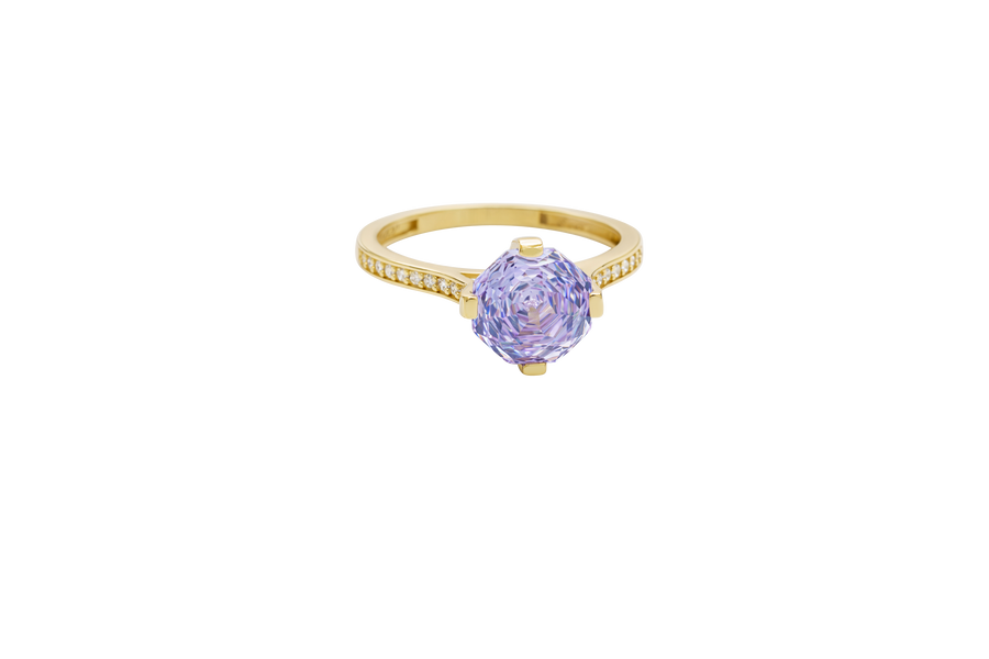 14KT Gold Ring Women's Octagon Rose Mini 4 Prong Lavender CZ Center Stone with Round White Pave CZ Stone Band