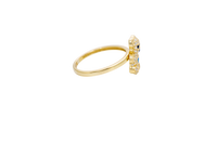 14KT Gold Ring Small White CZ Stones Teddy Bear with Navy Blue Heart CZ Stone Belly, Black Eyes, and Plain Band
