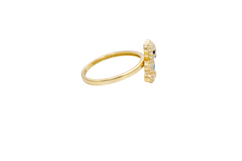 14KT Gold Ring Small White CZ Stones Teddy Bear with Navy Blue Heart CZ Stone Belly, Black Eyes, and Plain Band