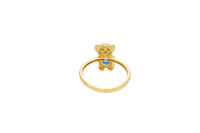 14KT Gold Ring Small White CZ Stones Teddy Bear with Navy Blue Heart CZ Stone Belly, Black Eyes, and Plain Band