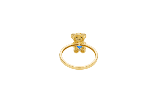 14KT Gold Ring Small White CZ Stones Teddy Bear with Navy Blue Heart CZ Stone Belly, Black Eyes, and Plain Band