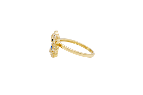 14KT Gold Ring Small White CZ Stones Teddy Bear with Navy Blue Heart CZ Stone Belly, Black Eyes, and Plain Band