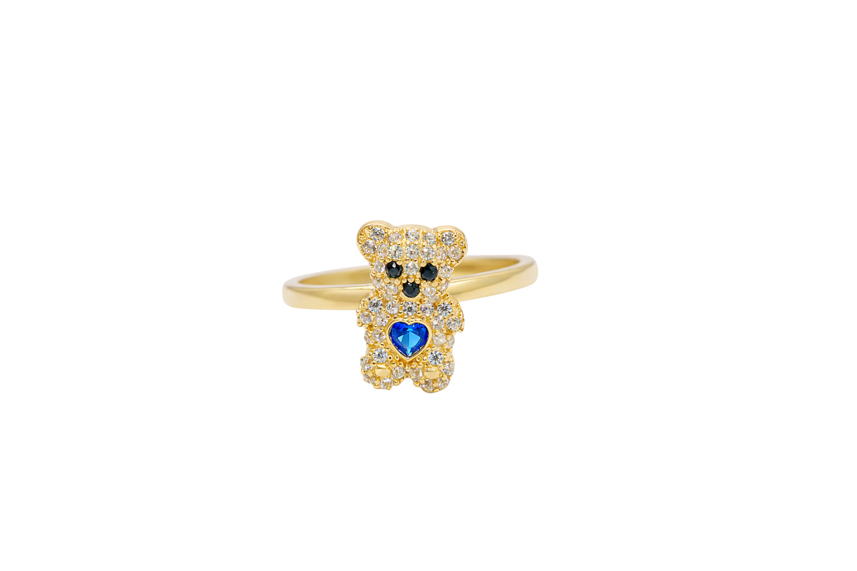 14KT Gold Ring Small White CZ Stones Teddy Bear with Navy Blue Heart CZ Stone Belly, Black Eyes, and Plain Band