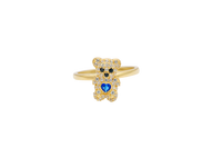 14KT Gold Ring Small White CZ Stones Teddy Bear with Navy Blue Heart CZ Stone Belly, Black Eyes, and Plain Band