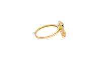 14KT Gold Ring Small White CZ Stones Teddy Bear with Pink Heart CZ Stone Belly, Black Eyes, and Plain Band