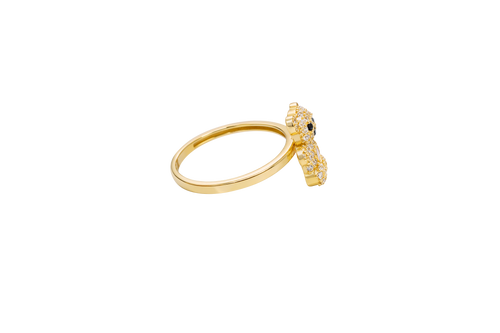 14KT Gold Ring Small White CZ Stones Teddy Bear with Pink Heart CZ Stone Belly, Black Eyes, and Plain Band