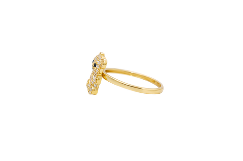 14KT Gold Ring Small White CZ Stones Teddy Bear with Pink Heart CZ Stone Belly, Black Eyes, and Plain Band