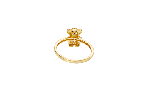 14KT Gold Ring Small White CZ Stones Teddy Bear with Pink Heart CZ Stone Belly, Black Eyes, and Plain Band
