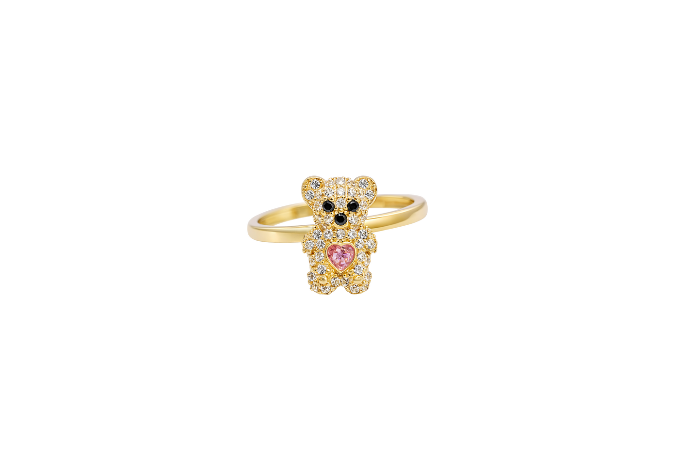 14KT Gold Ring Small White CZ Stones Teddy Bear with Pink Heart CZ Stone Belly, Black Eyes, and Plain Band