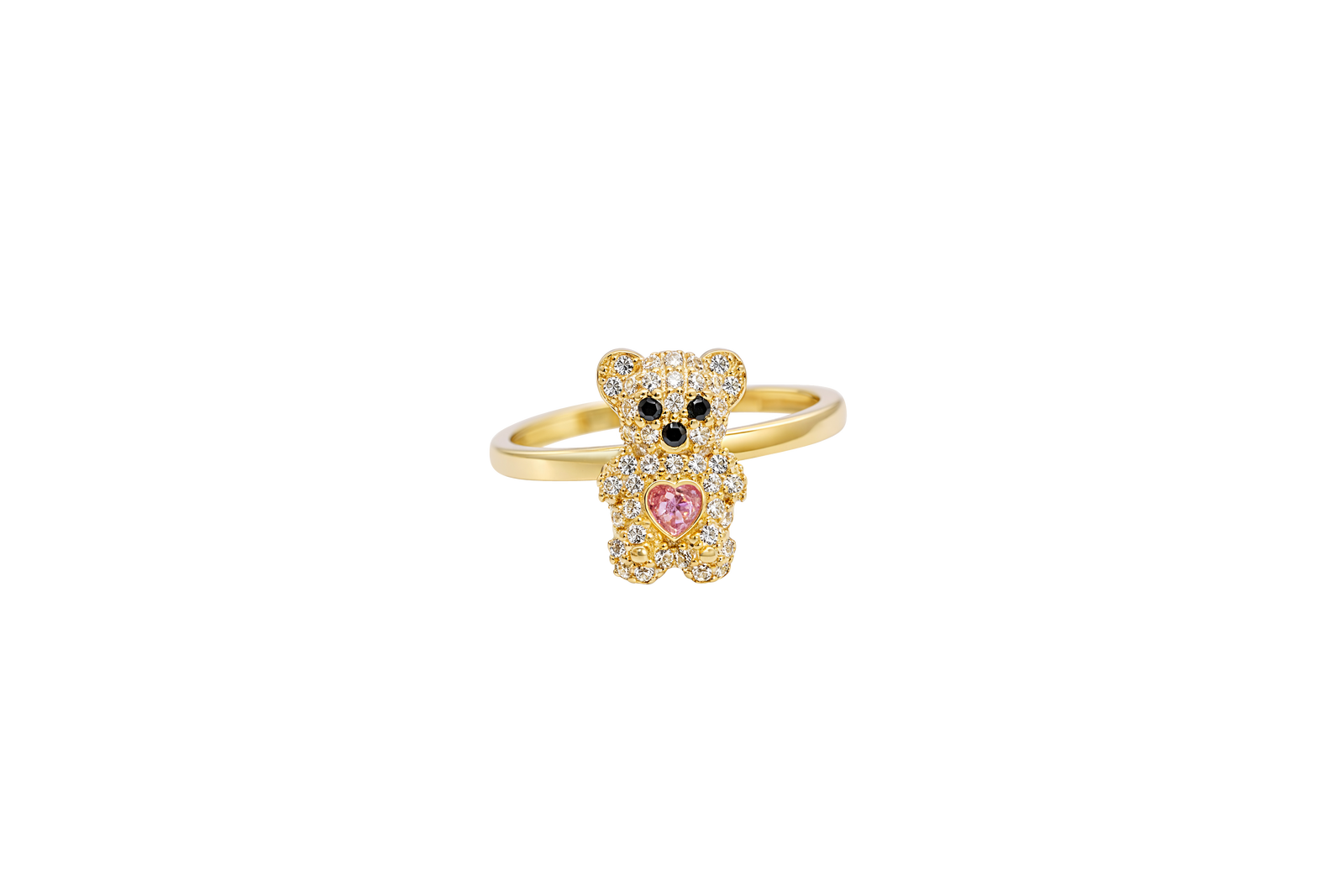 14KT Gold Ring Small White CZ Stones Teddy Bear with Pink Heart CZ Stone Belly, Black Eyes, and Plain Band