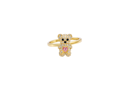 14KT Gold Ring Small White CZ Stones Teddy Bear with Pink Heart CZ Stone Belly, Black Eyes, and Plain Band