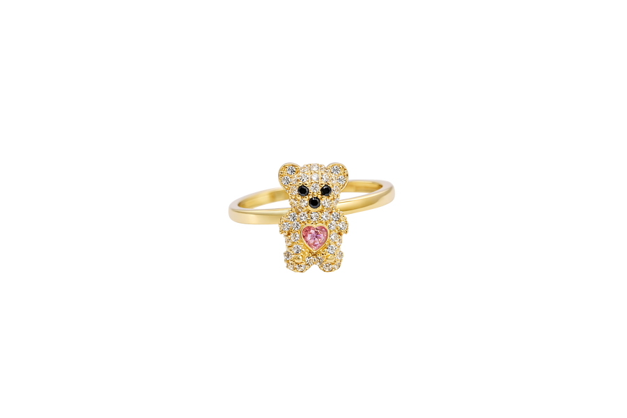 14KT Gold Ring Small White CZ Stones Teddy Bear with Pink Heart CZ Stone Belly, Black Eyes, and Plain Band