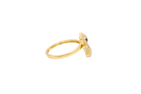 14KT Gold Ring Small White CZ Stones Teddy Bear with Dark Pink Heart CZ Stone Belly, Black Eyes, and Plain Band