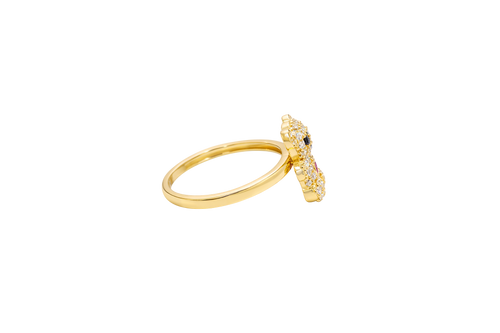 14KT Gold Ring Small White CZ Stones Teddy Bear with Dark Pink Heart CZ Stone Belly, Black Eyes, and Plain Band