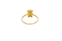 14KT Gold Ring Small White CZ Stones Teddy Bear with Dark Pink Heart CZ Stone Belly, Black Eyes, and Plain Band