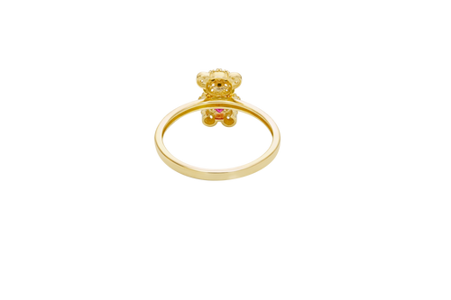 14KT Gold Ring Small White CZ Stones Teddy Bear with Dark Pink Heart CZ Stone Belly, Black Eyes, and Plain Band