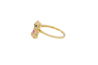 14KT Gold Ring Small White CZ Stones Teddy Bear with Dark Pink Heart CZ Stone Belly, Black Eyes, and Plain Band