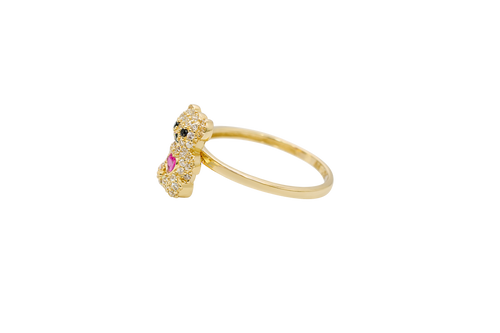 14KT Gold Ring Small White CZ Stones Teddy Bear with Dark Pink Heart CZ Stone Belly, Black Eyes, and Plain Band