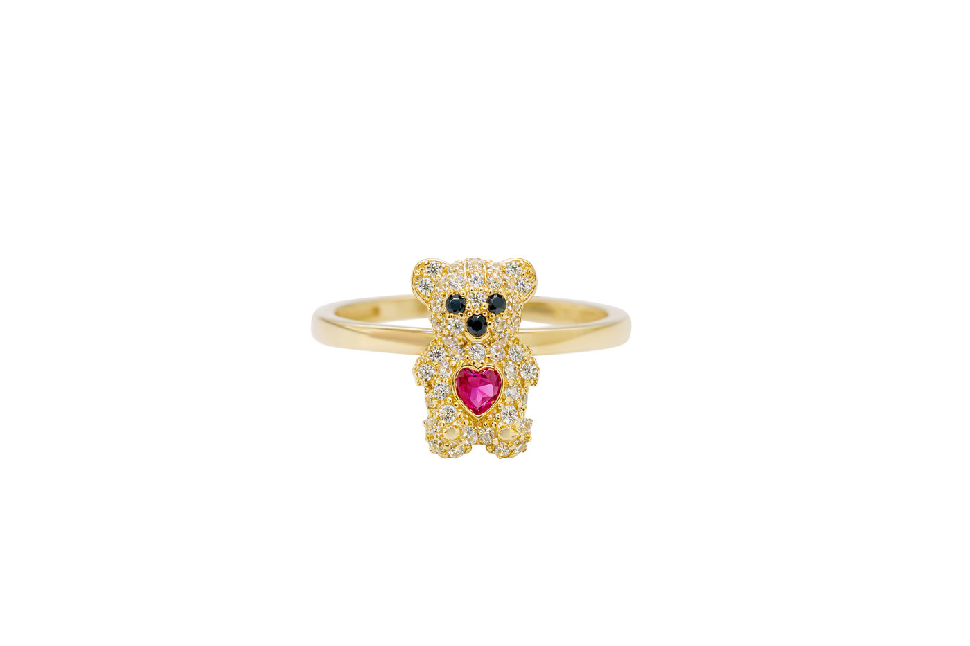 14KT Gold Ring Small White CZ Stones Teddy Bear with Dark Pink Heart CZ Stone Belly, Black Eyes, and Plain Band