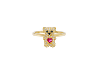 14KT Gold Ring Small White CZ Stones Teddy Bear with Dark Pink Heart CZ Stone Belly, Black Eyes, and Plain Band