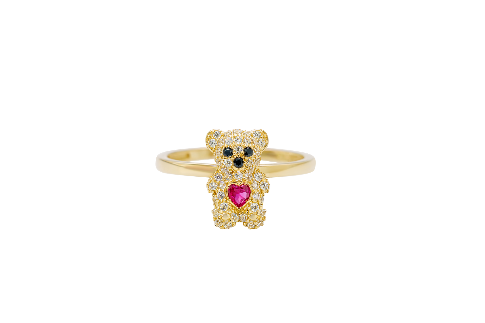 14KT Gold Ring Small White CZ Stones Teddy Bear with Dark Pink Heart CZ Stone Belly, Black Eyes, and Plain Band