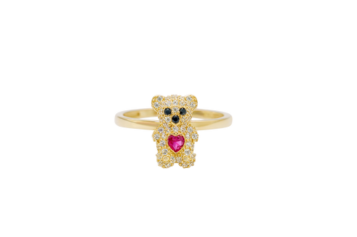 14KT Gold Ring Small White CZ Stones Teddy Bear with Dark Pink Heart CZ Stone Belly, Black Eyes, and Plain Band