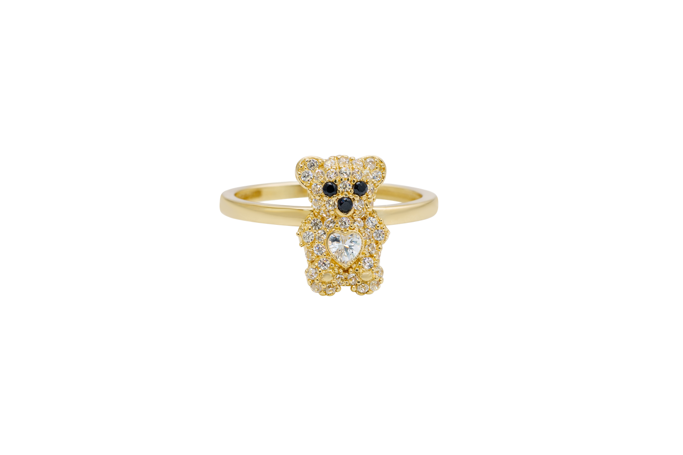 14KT Gold Ring Small White CZ Stones Teddy Bear with White Heart CZ Stone Belly, Black Eyes, and Plain Band