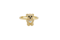 14KT Gold Ring Small White CZ Stones Teddy Bear with White Heart CZ Stone Belly, Black Eyes, and Plain Band