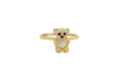 14KT Gold Ring Small White CZ Stones Teddy Bear with White Heart CZ Stone Belly, Black Eyes, and Plain Band