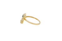 14KT Gold Ring Small White CZ Stones Teddy Bear with White Heart CZ Stone Belly, Black Eyes, and Plain Band