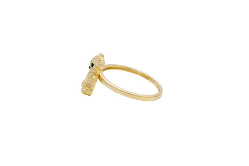 14KT Gold Ring Small White CZ Stones Teddy Bear with White Heart CZ Stone Belly, Black Eyes, and Plain Band