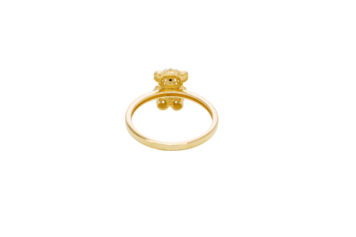 14KT Gold Ring Small White CZ Stones Teddy Bear with White Heart CZ Stone Belly, Black Eyes, and Plain Band