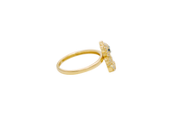 14KT Gold Ring Small White CZ Stones Teddy Bear with White Heart CZ Stone Belly, Black Eyes, and Plain Band