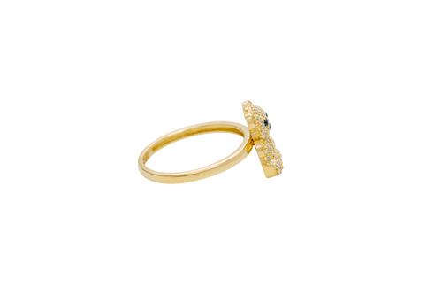14KT Gold Ring Small White CZ Stones Teddy Bear with White Heart CZ Stone Belly, Black Eyes, and Plain Band