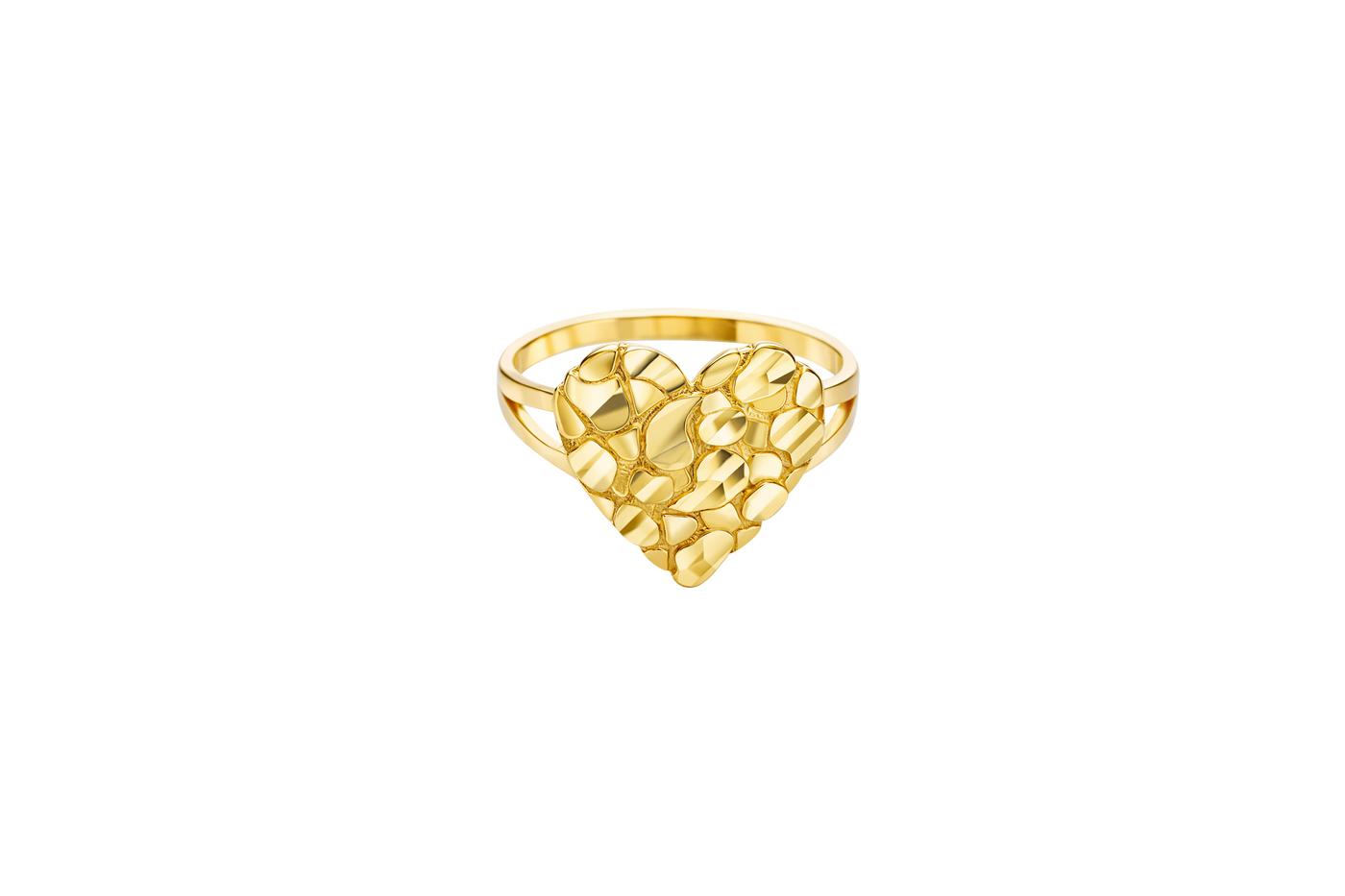 14KT Gold Ring Women's Medium Nugget Heart Shape with Plain Split Band